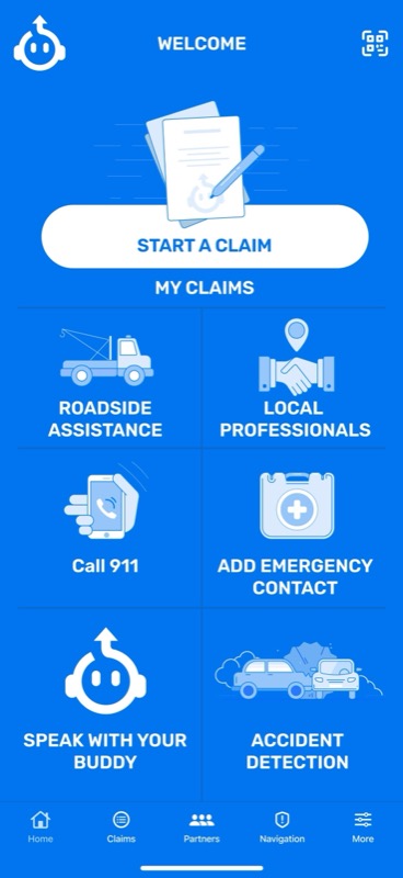 Accident Buddy home: start a claim, roadside assistance, local professionals, call 911, emergency contact, accident detection