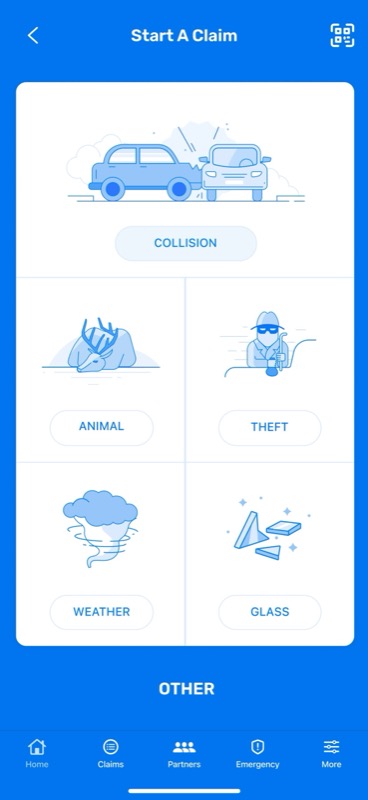 Start a Claim: choose collision, animal, theft, weather, glass or other