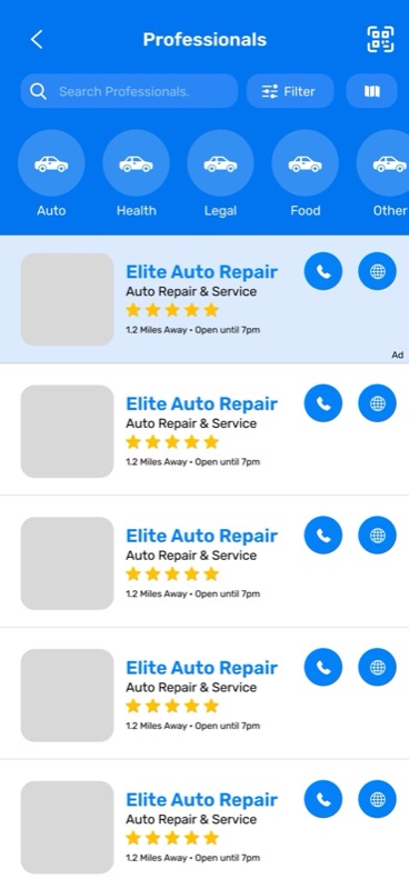Find professionals: auto repair shops with ratings, call and navigate buttons