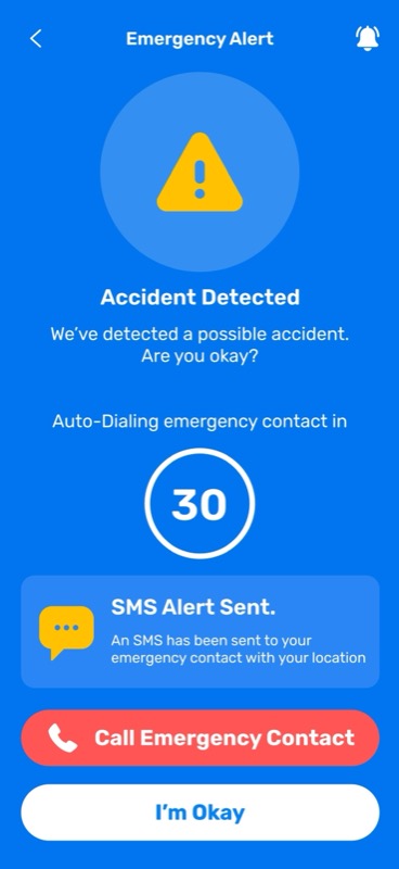 Accident Detected alert auto-dialing emergency contact
